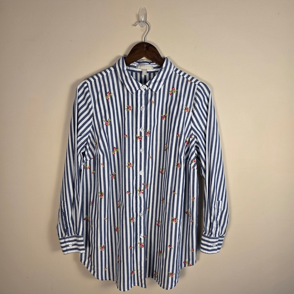 Woman Within Button Down Shirt Womens 14/16 Blue White Striped Floral Embroidery - Picture 2 of 11